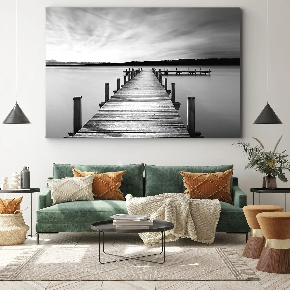 Impression sur toile - Image sur toile - Une jetée noire et blanche sur un lac calme - 100x70cm - Au point d'eau - la paix - Décoration murale moderne pour le salon et la chambre ARTTOR
