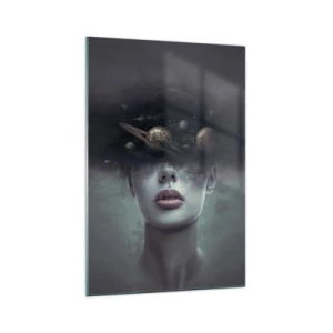 Impression sur verre - Image sur verre - Un visage de femme avec un motif de planète et d'espace en arrière-plan - 70x100cm - Et les planètes deviennent folles... - Décoration murale moderne pour le salon et la chambre ARTTOR