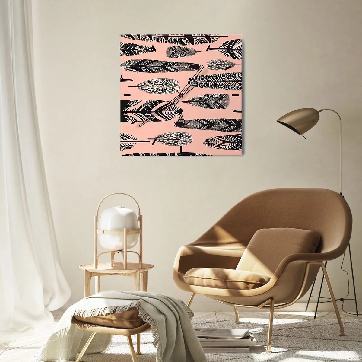 Horloge murale - Pendule murale - Plumes décoratives sur fond clair - 30x30cm - Collection indienne - Décoration murale moderne pour le salon et la chambre ARTTOR