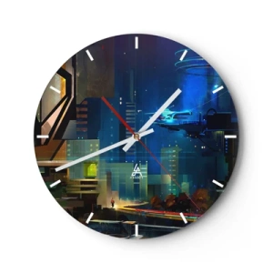 Horloge murale - Pendule murale - Ville futuriste la nuit avec néons et véhicules - 30x30cm - Dans le futur proche - Décoration murale moderne pour le salon, la cuisine et la chambre ARTTOR