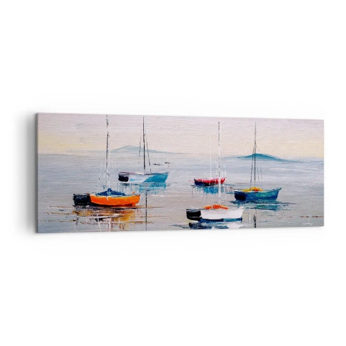 Impression sur toile - Image sur toile - Bateaux colorés sur une eau calme - 140x50cm - Un repos bien mérité - Décoration murale moderne pour le salon et la chambre ARTTOR