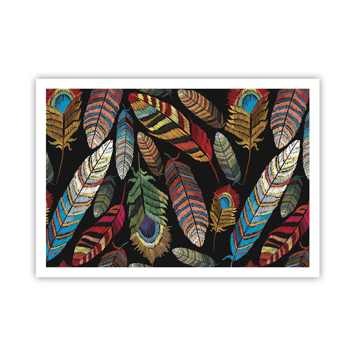 Affiche - Poster - Plumes colorées sur fond noir - 100x70cm - Le carnaval des oiseaux - Décoration murale moderne pour le salon et la chambre ARTTOR