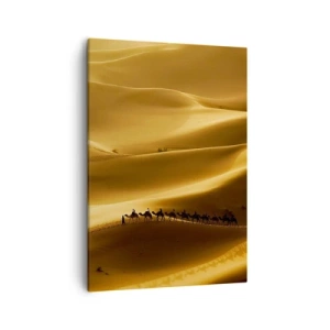 Impression sur toile - Image sur toile - Une caravane de chameaux errant à travers les dunes dorées du désert. - 50x70cm - Caravane sur les vagues du désert - Décoration murale moderne pour le salon et la chambre ARTTOR