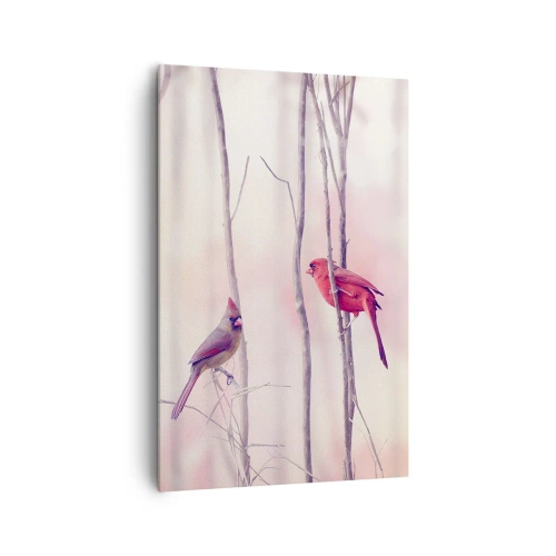 Impression sur toile - Image sur toile - Un couple de cardinaux perchés sur des branches dans un paysage pastel - 80x120cm - Conte de la forêt rose - Décoration murale moderne pour le salon et la chambre ARTTOR