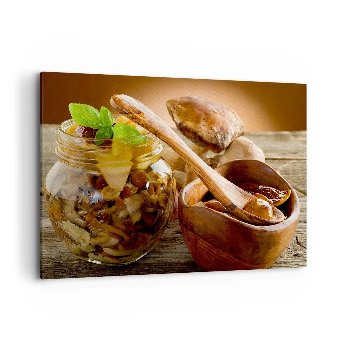 Impression sur toile - Image sur toile - Champignons naturels dans un bocal sur une table rustique - 100x70cm - Que ce soit frais ou salé, ou en automne... - Décoration murale moderne pour le salon et la chambre ARTTOR
