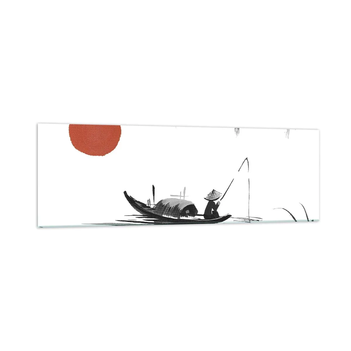 Impression sur verre - Image sur verre - Paysage oriental avec un pêcheur sur un bateau et un soleil rouge - 160x50cm - Après-midi asiatique - Décoration murale moderne pour le salon et la chambre ARTTOR