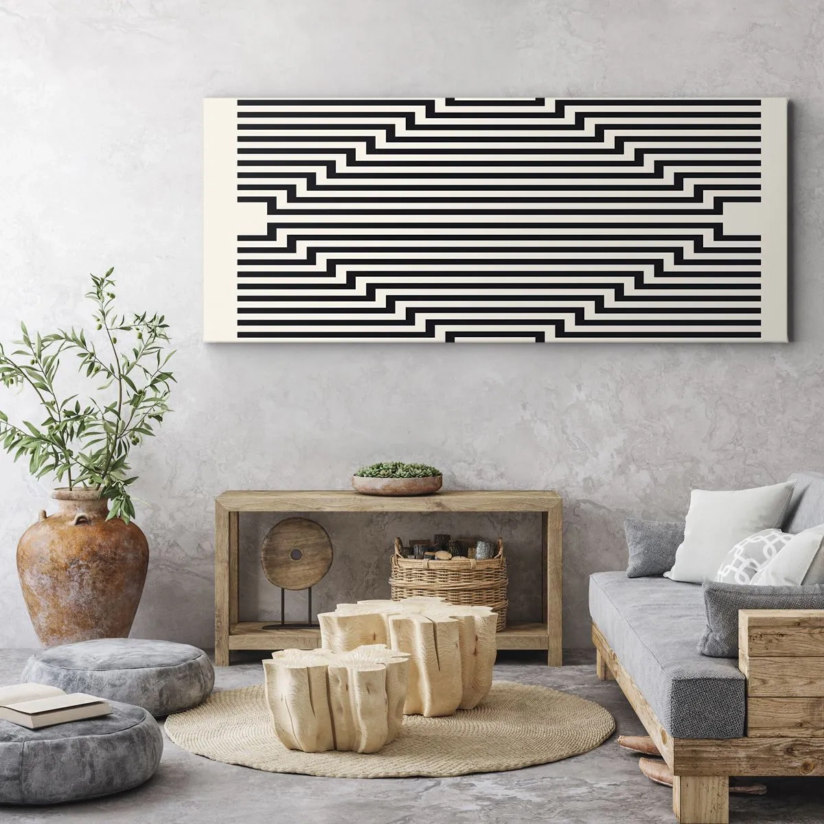 Impression sur toile - Image sur toile - Lignes noires et blanches créant un effet d'illusion géométrique - 140x50cm - Illusion géométrique - Décoration murale moderne pour le salon et la chambre ARTTOR
