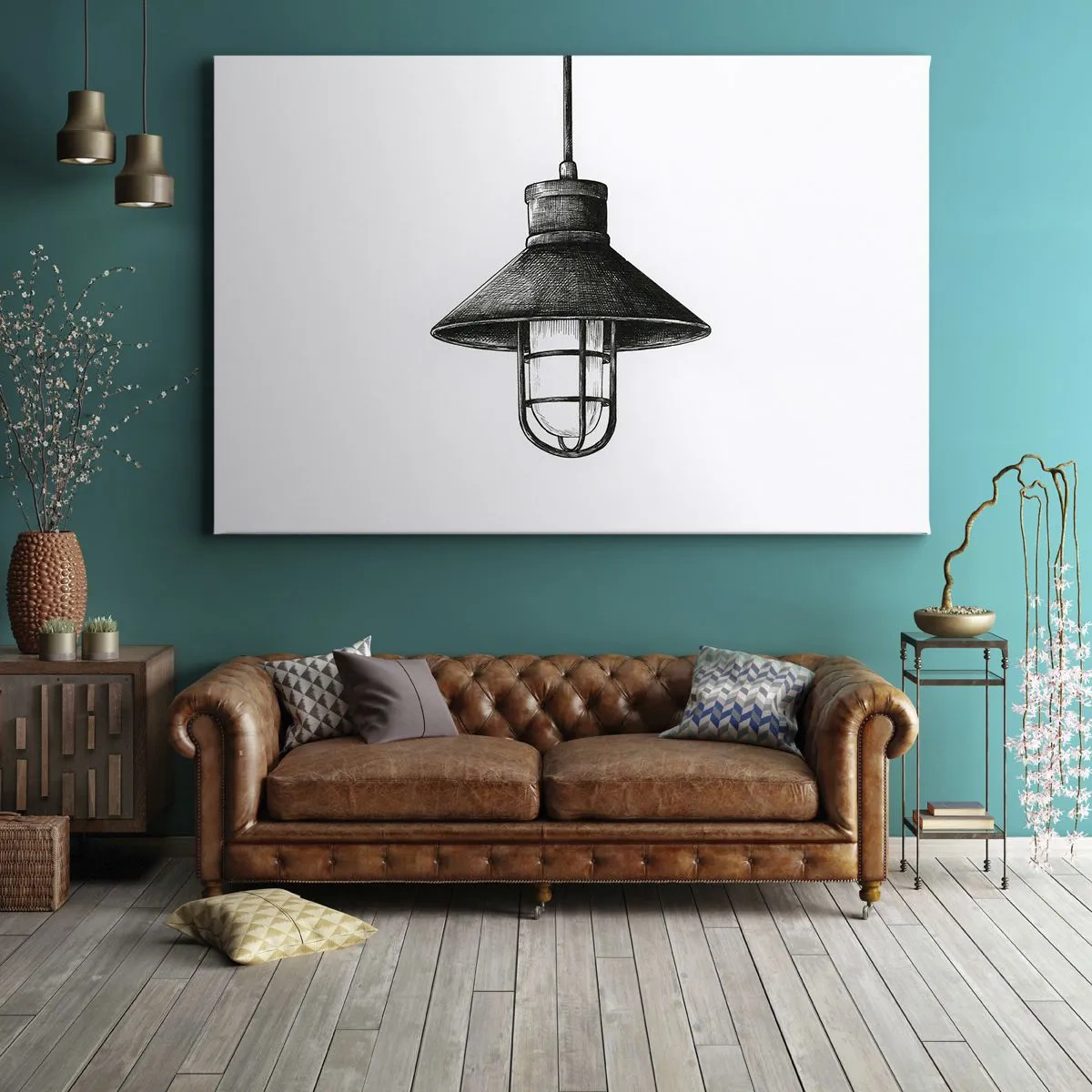 Impression sur toile - Image sur toile - Dessin d'une lampe suspendue rétro sur fond blanc - 120x80cm - Comme il y a des années… - Décoration murale moderne pour le salon et la chambre ARTTOR