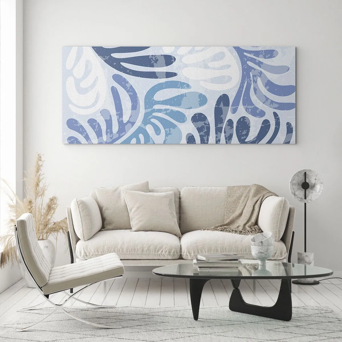 Impression sur verre - Image sur verre - Formes abstraites dans des tons de bleu sur fond blanc - 120x50cm - Fougères bleues - Décoration murale moderne pour le salon et la chambre ARTTOR