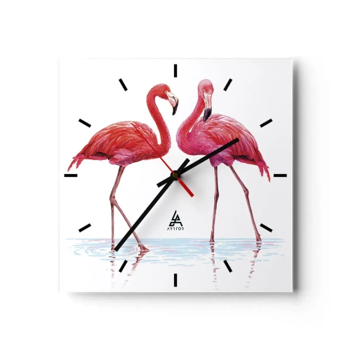 Horloge murale - Pendule murale - Une paire de flamants roses dans l'eau sur un fond clair - 30x30cm - Rendez-vous rose - Décoration murale moderne pour le salon et la chambre ARTTOR