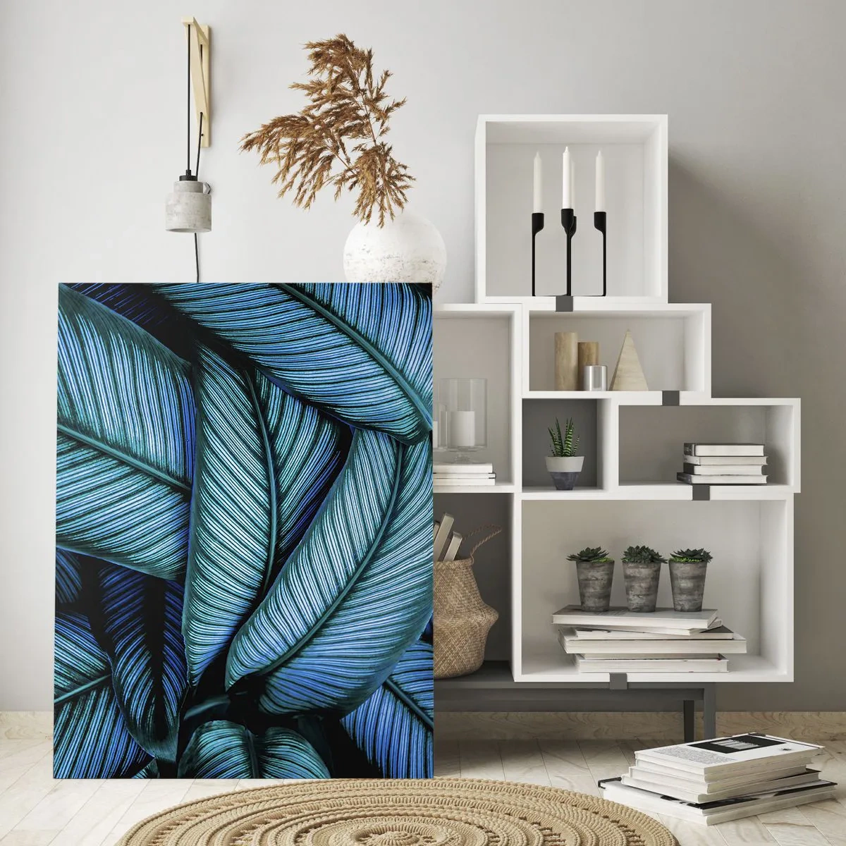 Impression sur verre - Image sur verre - Un gros plan de feuilles turquoise avec des détails vifs. - 70x100cm - Lignes de vie - Décoration murale moderne pour le salon et la chambre ARTTOR