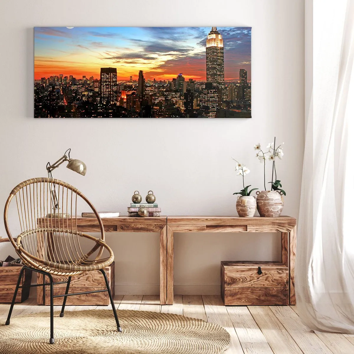 Impression sur toile - Image sur toile - Panorama de la ville avec des gratte-ciel illuminés au crépuscule - 160x50cm - Nuit américaine lumineuse - Décoration murale moderne pour le salon et la chambre ARTTOR
