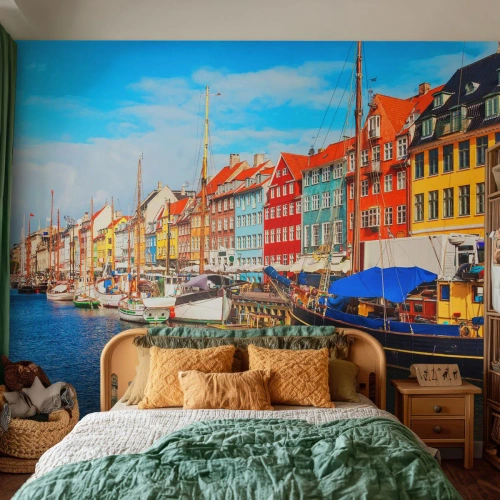 Papier Peint Photo Premium Canvas - Quai joyeux - Copenhague, Vieille ville, Architecture - 150x105 cm