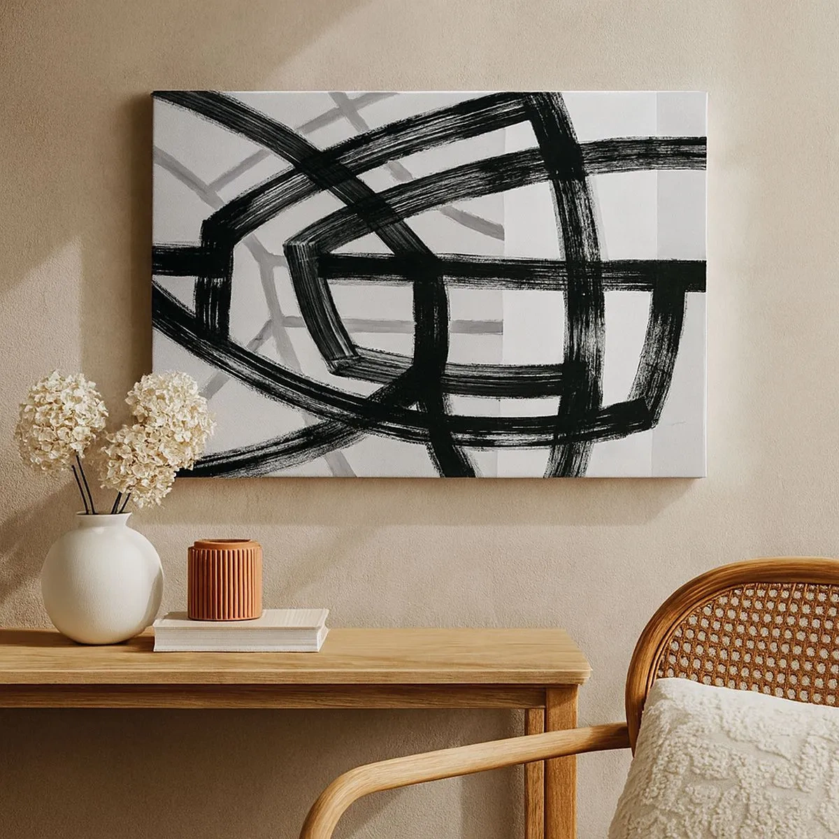 Impression sur toile - Image sur toile - Lignes abstraites noires et blanches se croisant sur un fond clair - 70x50cm - Profondeur du bâtiment - Décoration murale moderne pour le salon et la chambre ARTTOR