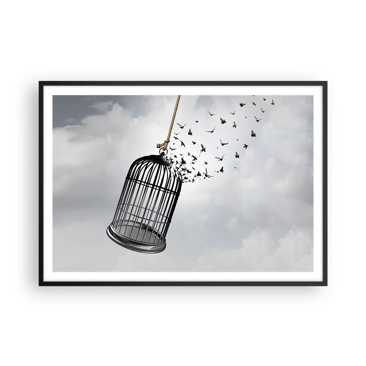 Affiche dans un cadre noir - Poster - Des oiseaux s'envolent d'une cage dans le ciel - 100x70cm - Foie...Espoir...Liberté! - Décoration murale moderne pour le salon et la chambre ARTTOR