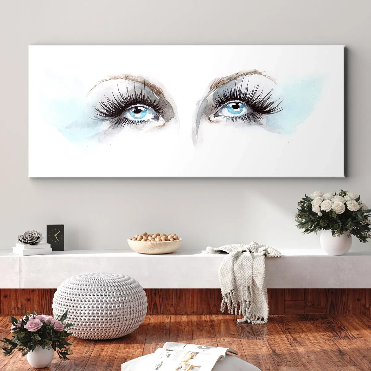 Impression sur toile - Image sur toile - Aquarelle aux yeux bleus et aux accents délicats - 160x50cm - Yeux d'ange? - Décoration murale moderne pour le salon et la chambre ARTTOR