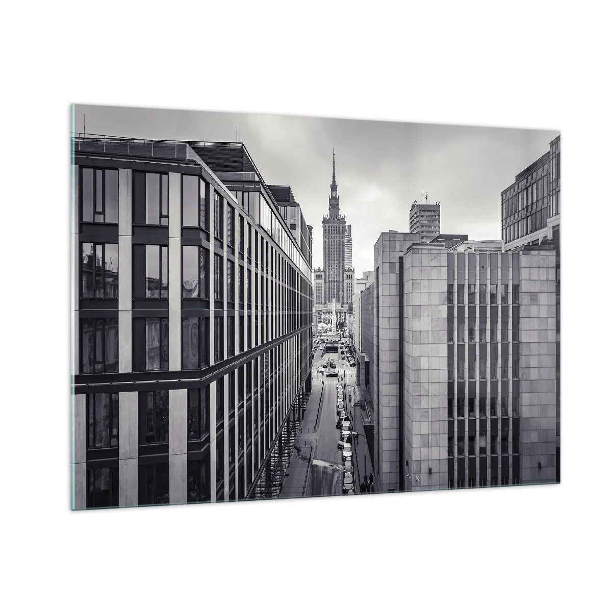 Impression sur verre - Image sur verre - Vue de la ville en noir et blanc avec des gratte-ciel et une rue - 100x70cm - Vallée de Varsovie - Décoration murale moderne pour le salon et la chambre ARTTOR