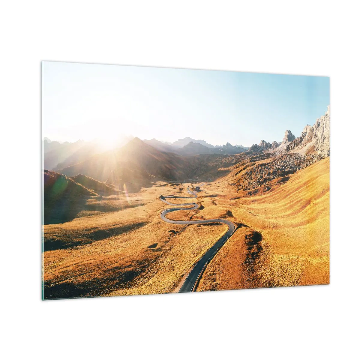 Impression sur verre - Image sur verre - Une route sinueuse dans une vallée dorée éclairée par le soleil - 100x70cm - Dans une vallée dorée - Décoration murale moderne pour le salon et la chambre ARTTOR
