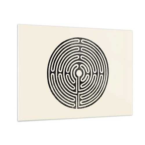 Impression sur verre - Image sur verre - Un labyrinthe noir et blanc de forme circulaire sur fond clair. - 70x50cm - Ordre mystérieux - Décoration murale moderne pour le salon et la chambre ARTTOR