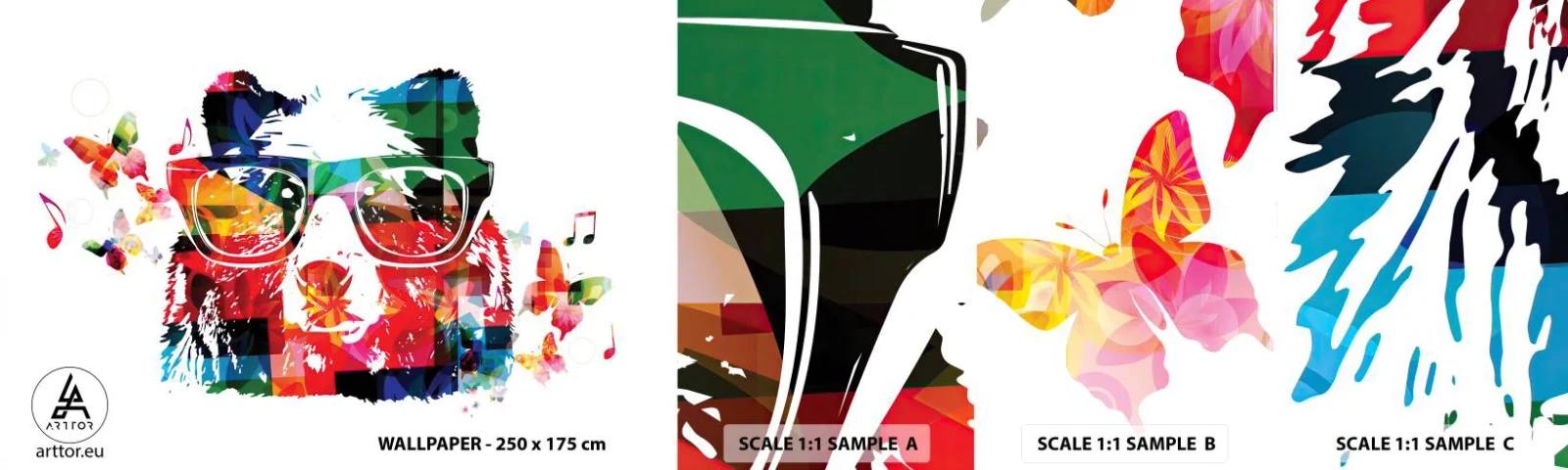 Échantillon De Papier Peint Standard Eco - Ca plait au chien! - Abstraction, Ours, Lunettes - 100x30 cm