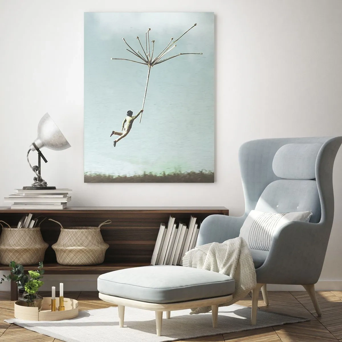 Impression sur verre - Image sur verre - Un garçon volant avec une graine de pissenlit au-dessus d'une prairie - 50x70cm - Cerfs-volants, pissenlits, vent - Décoration murale moderne pour le salon et la chambre ARTTOR