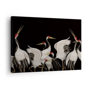 Impression sur toile - Image sur toile - Grues blanches avec des accents rouges sur fond noir - 70x50cm - Histoire d'oiseaux - Décoration murale moderne pour le salon et la chambre ARTTOR