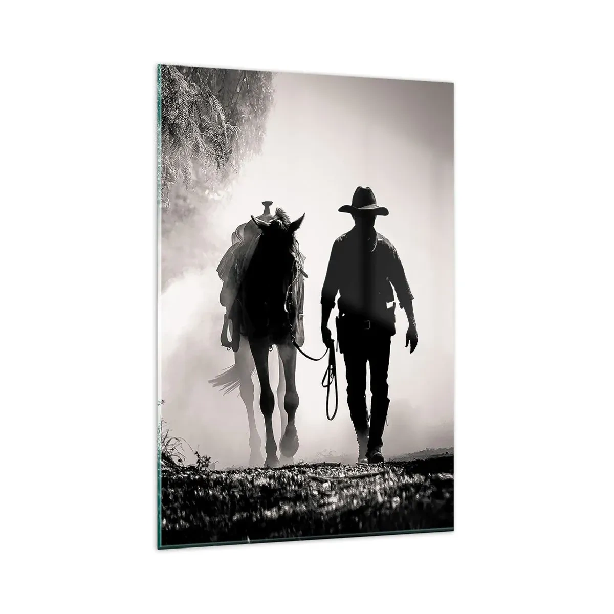 Impression sur verre - Image sur verre - Cowboy avec cheval dans le brouillard matinal - 80x120cm - Matinée texane - Décoration murale moderne pour le salon et la chambre ARTTOR