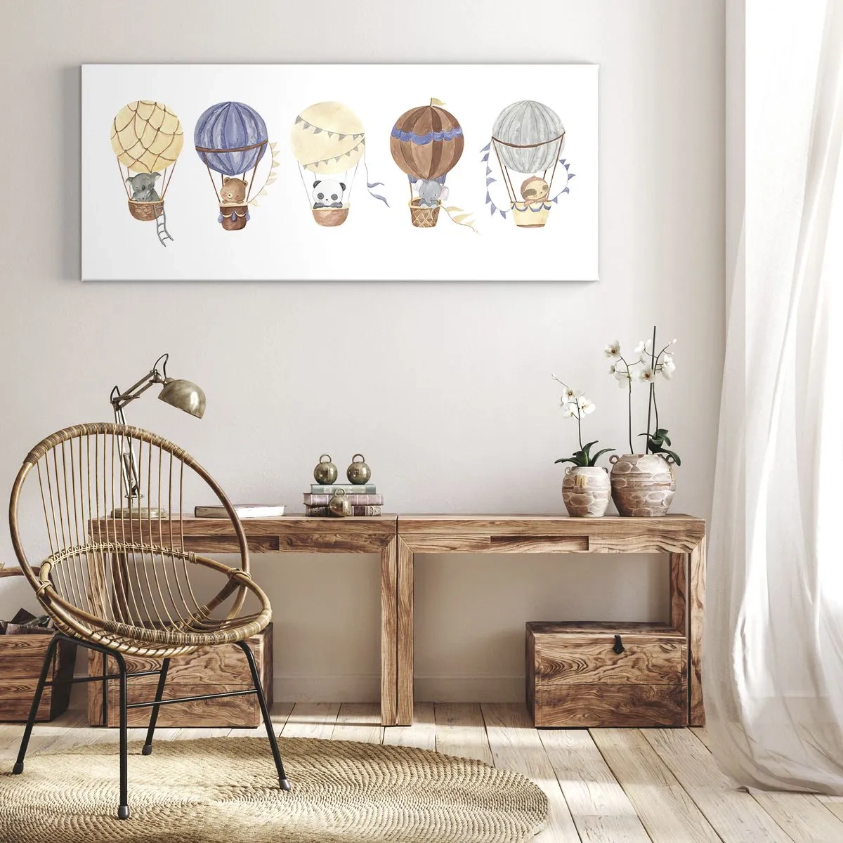 Impression sur toile - Image sur toile - Animaux mignons dans des ballons sur fond blanc - 140x50cm - Compagnons de voyage - Décoration murale moderne pour le salon et la chambre ARTTOR