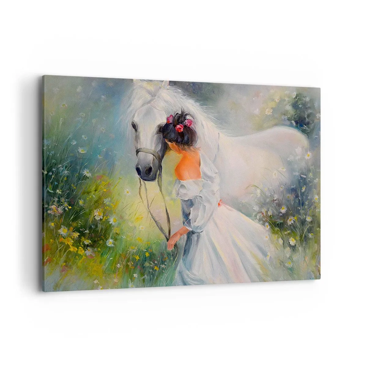 Impression sur toile - Image sur toile - Une femme avec un cheval blanc dans un cadre pittoresque - 120x80cm - Comme dans un beau rêve - Décoration murale moderne pour le salon et la chambre ARTTOR