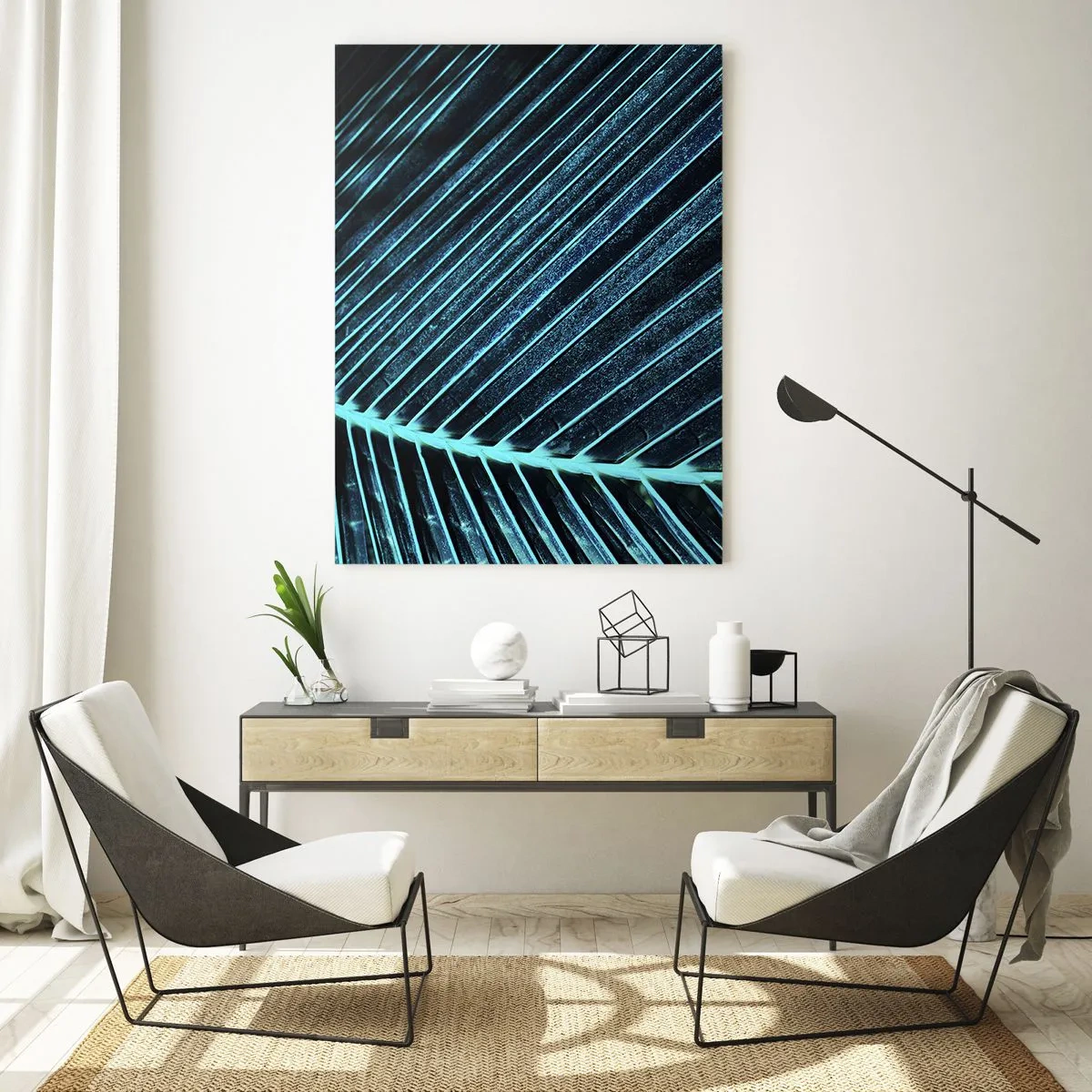 Impression sur verre - Image sur verre - Macrophotographie d'une feuille dans les tons turquoise et bleu marine - 70x100cm - Texture verte - Décoration murale moderne pour le salon et la chambre ARTTOR