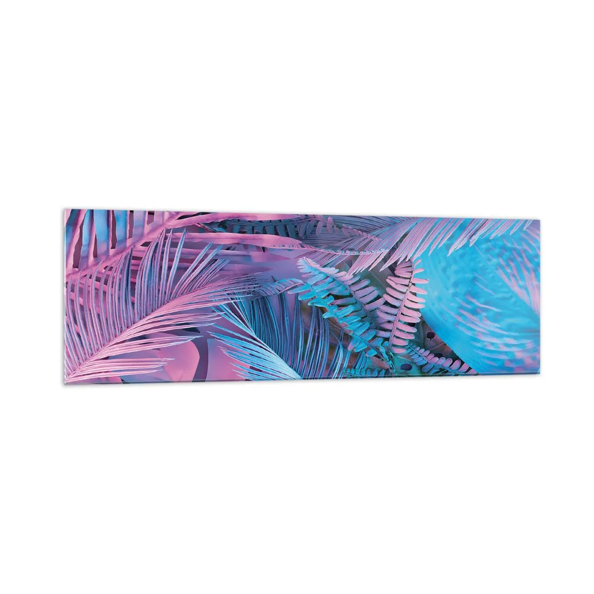 Impression sur verre - Image sur verre - Feuilles tropicales dans les tons de rose et de bleu - 160x50cm - Les tropiques en rose et bleu - Décoration murale moderne pour le salon et la chambre ARTTOR