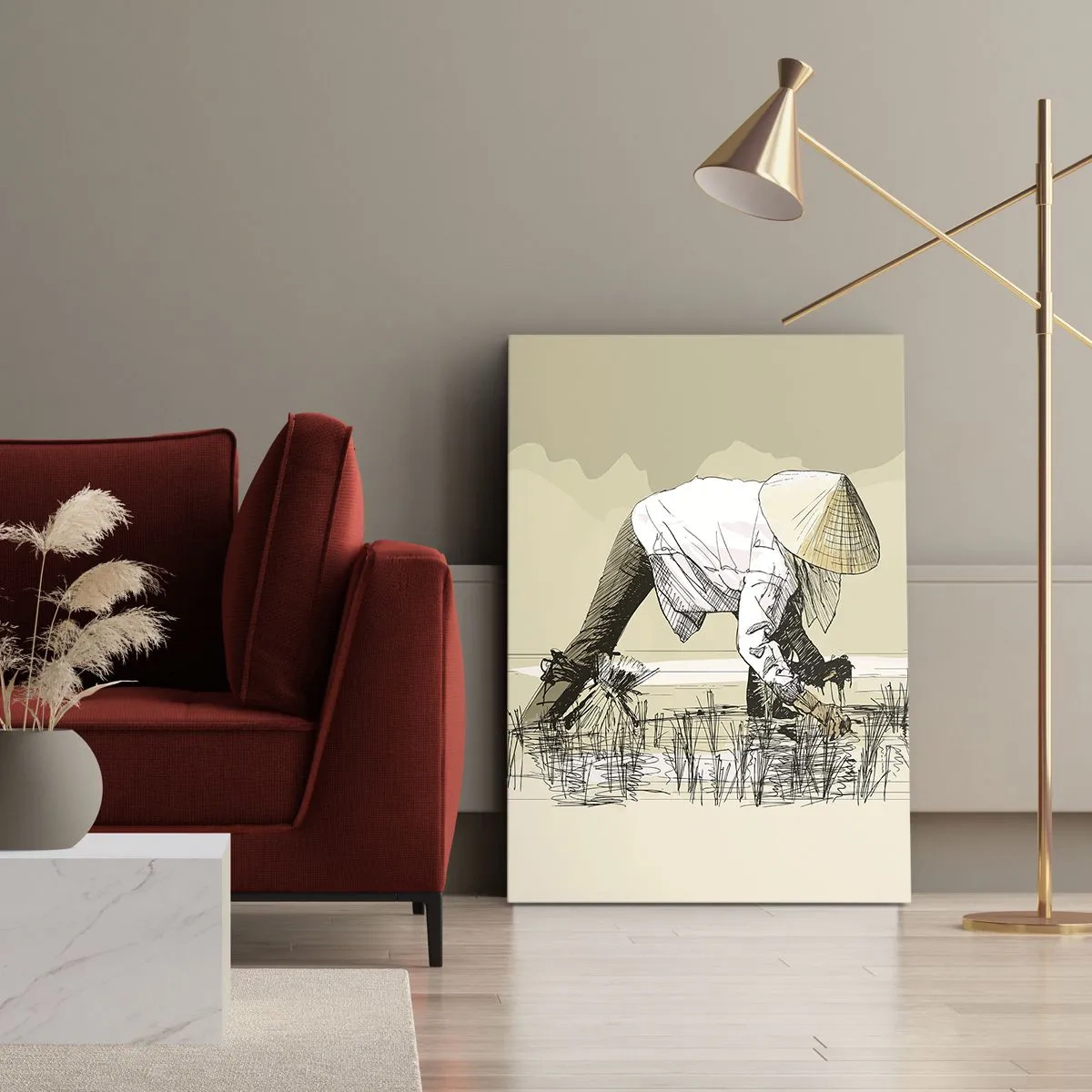 Impression sur toile - Image sur toile - Des agriculteurs travaillant dans une rizière portant des coiffures traditionnelles - 50x70cm - Récolte réussie - Décoration murale moderne pour le salon et la chambre ARTTOR