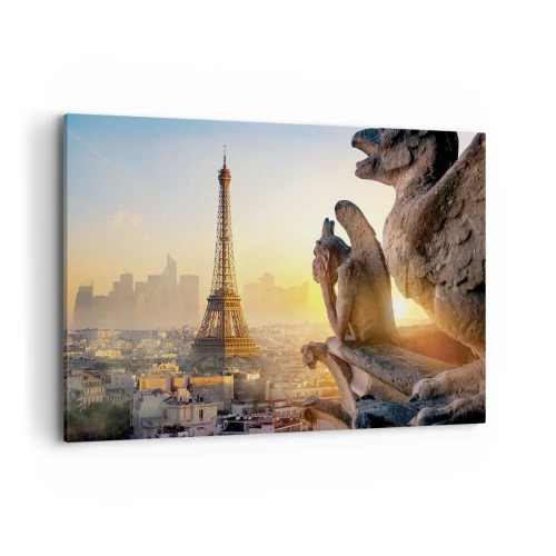 Impression sur toile - Image sur toile - Vue de la Tour Eiffel avec des gargouilles en arrière-plan - 100x70cm - Tellement de choses ont changés... - Décoration murale moderne pour le salon et la chambre ARTTOR