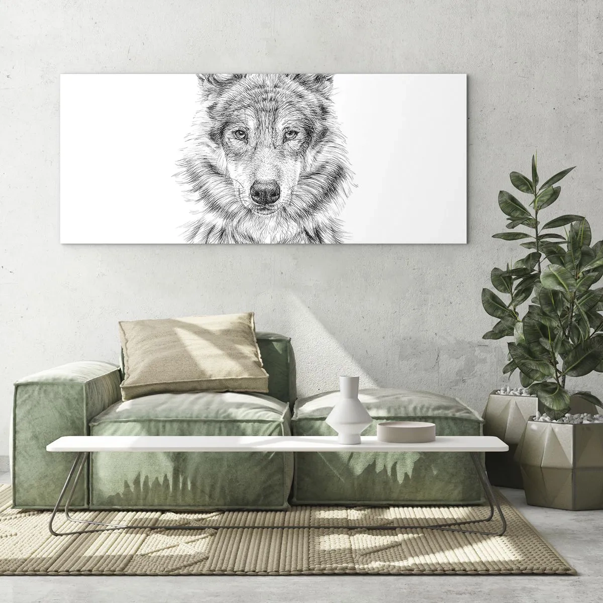 Impression sur verre - Image sur verre - Croquis d'une tête de loup dans un style monochrome sur fond blanc - 160x50cm - Un leader né - Décoration murale moderne pour le salon et la chambre ARTTOR