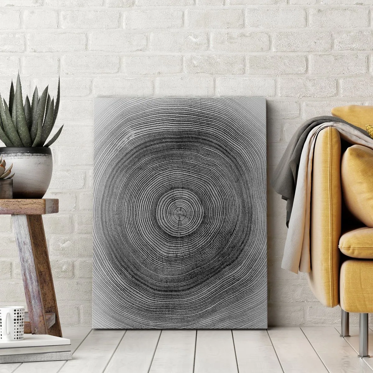 Impression sur toile - Image sur toile - Motif de cernes d'arbre noir et blanc montrant une coupe transversale du tronc - 80x120cm - Signe du temps - Décoration murale moderne pour le salon et la chambre ARTTOR