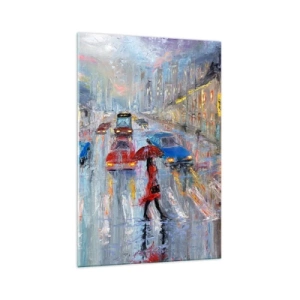 Impression sur verre - Image sur verre - Une femme avec un parapluie dans une rue pluvieuse à la lumière du néon. - 70x100cm - Après-midi pluvieux en ville - Décoration murale moderne pour le salon et la chambre ARTTOR