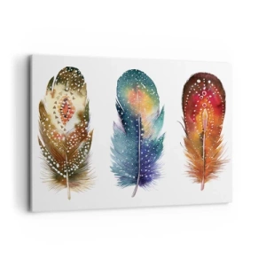 Impression sur toile - Image sur toile - Trois plumes colorées avec des motifs artistiques sur un fond clair - 100x70cm - Rituels, cérémonies, secrets - Décoration murale moderne pour le salon et la chambre ARTTOR