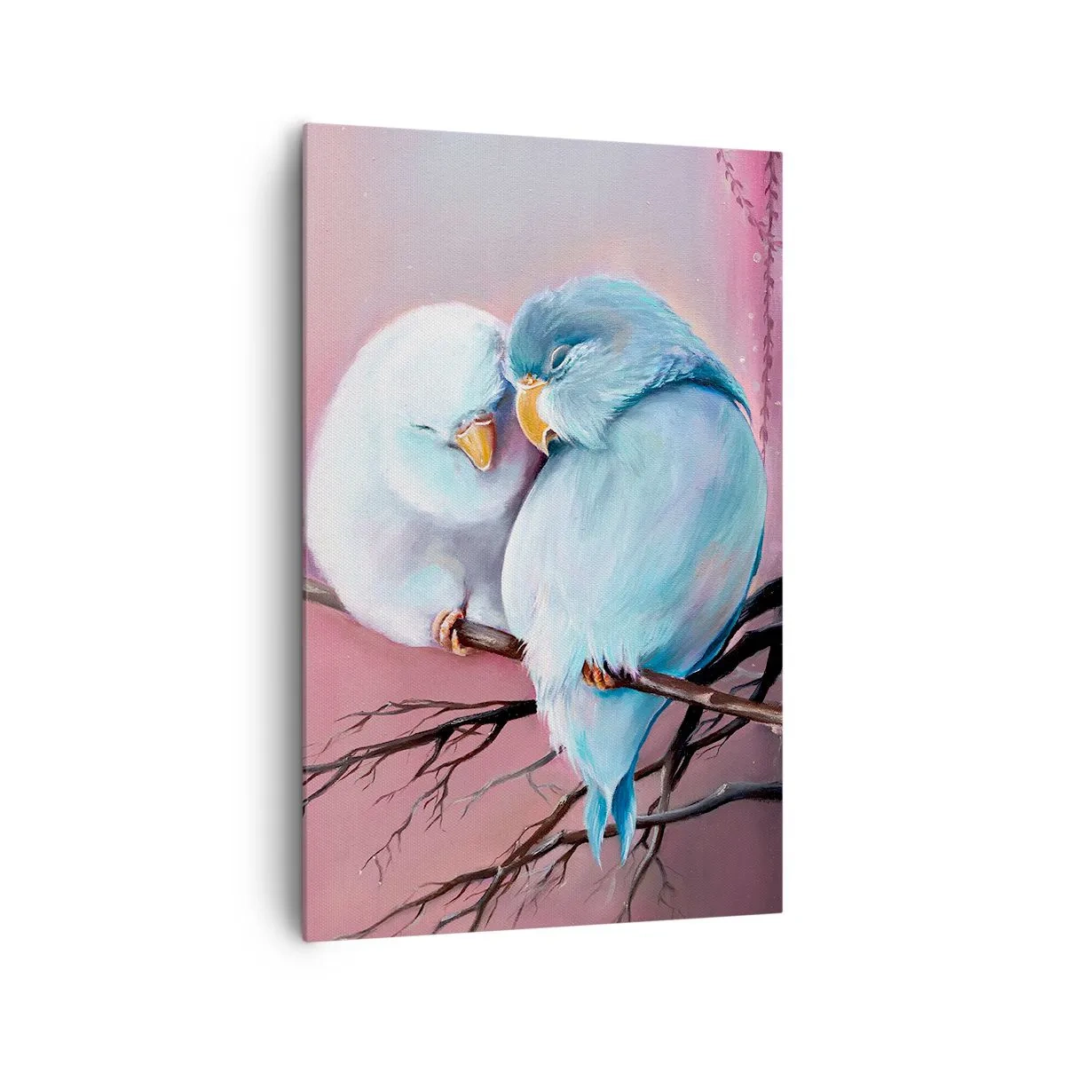 Impression sur toile - Image sur toile - Deux oiseaux amoureux sur une branche sur fond rose - 80x120cm - Que dire de plus?... - Décoration murale moderne pour le salon et la chambre ARTTOR