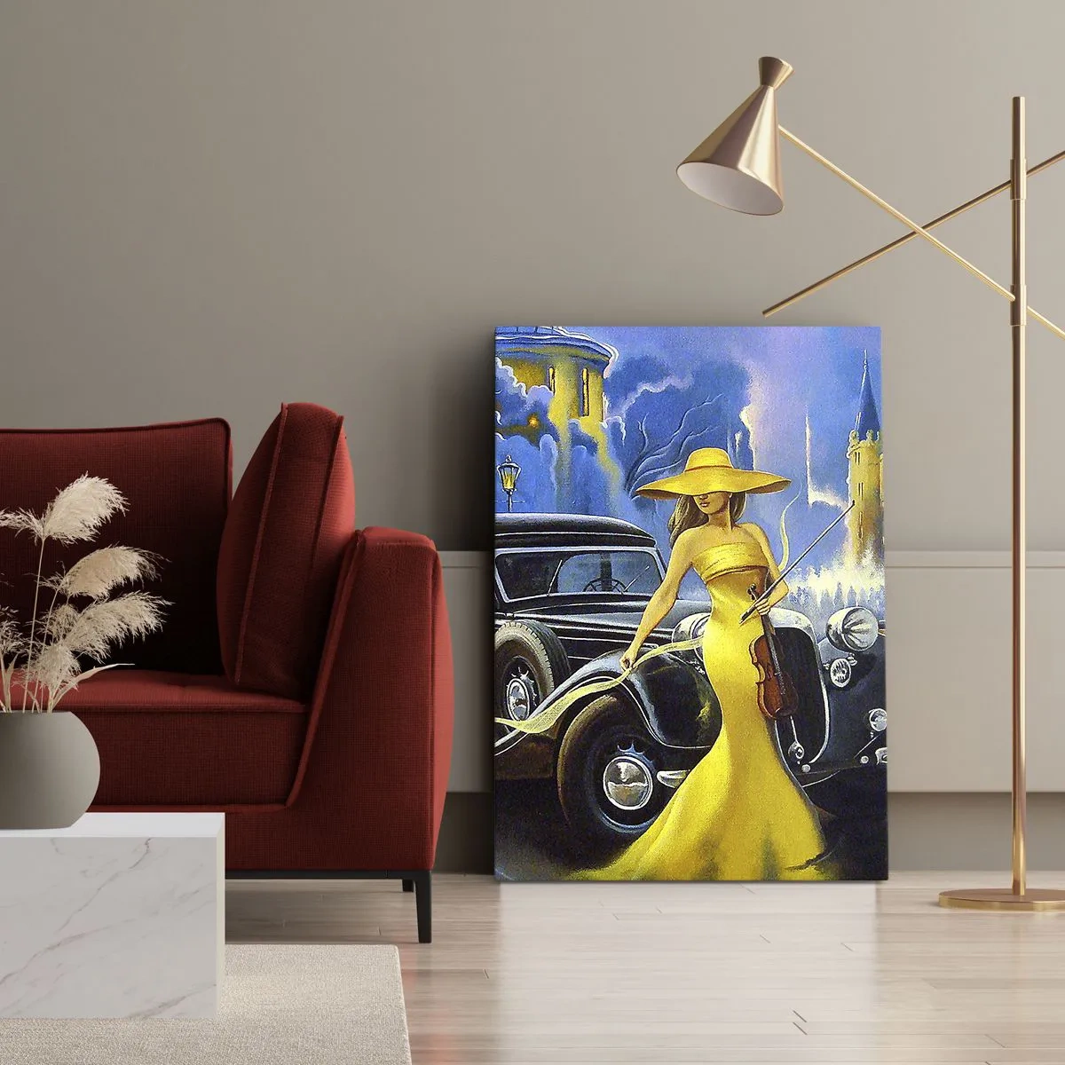 Impression sur toile - Image sur toile - Une femme en robe jaune avec un violon à côté d'une voiture rétro. - 70x100cm - Nocturne pour violon et amour - Décoration murale moderne pour le salon et la chambre ARTTOR