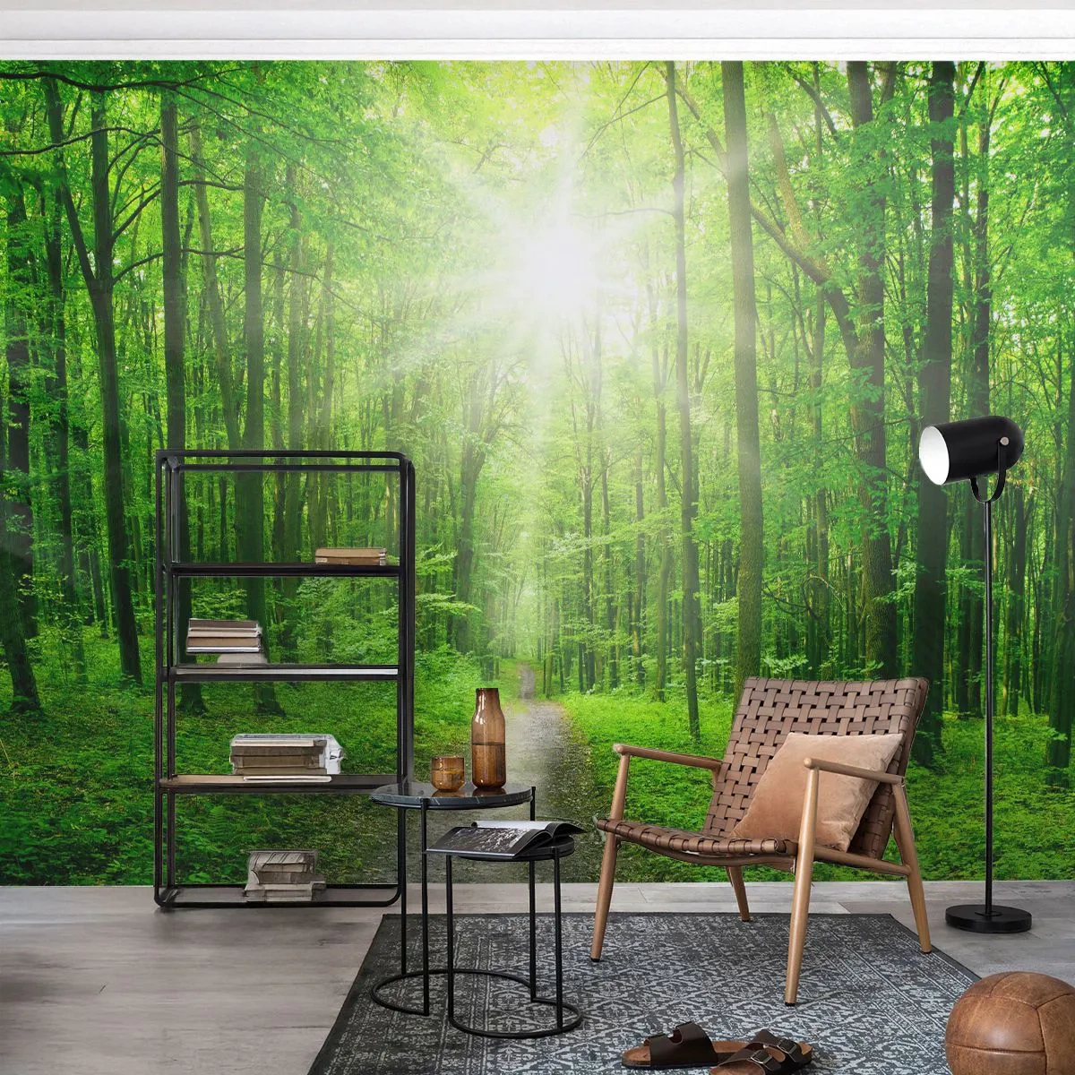 Papier Peint Photo Premium Sand - Forêt verte avec des rayons de soleil et un chemin à travers les arbres - 100x70cm - Cathédrale verte - Décoration murale moderne pour le salon et la chambre ARTTOR