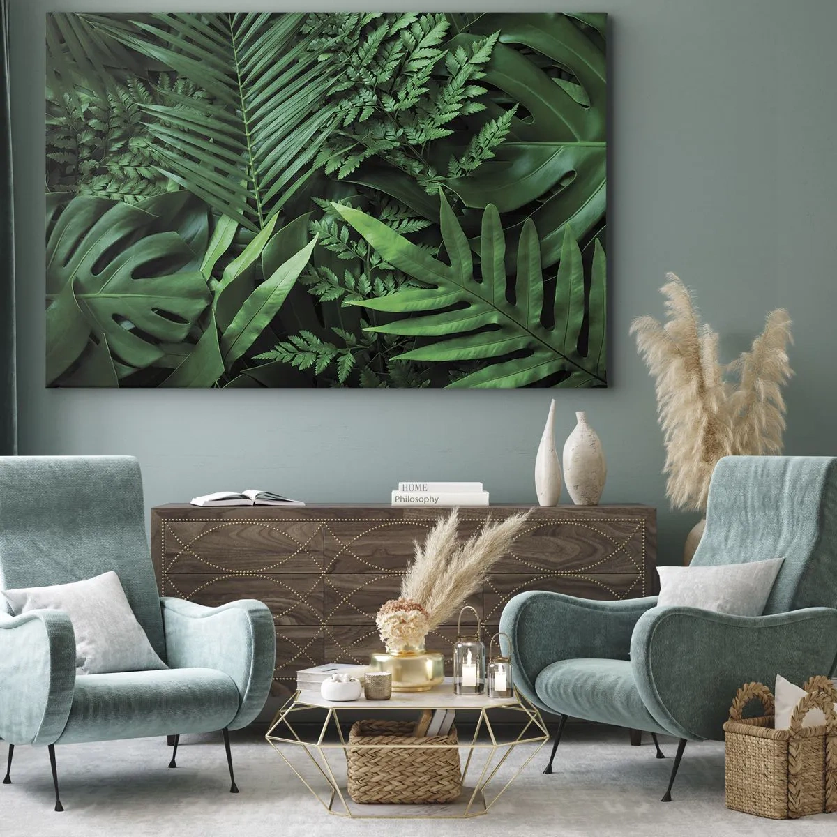 Impression sur toile - Image sur toile - Feuilles tropicales vertes dans une composition dense et naturelle - 100x70cm - Emmitouflé de verdure - Décoration murale moderne pour le salon et la chambre ARTTOR