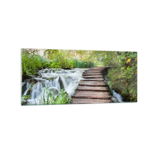 Impression sur verre - Image sur verre - Un pont en bois au-dessus d'une cascade entourée d'une forêt verdoyante. - 120x50cm - L'eau n'est pas si calme - Décoration murale moderne pour le salon et la chambre ARTTOR