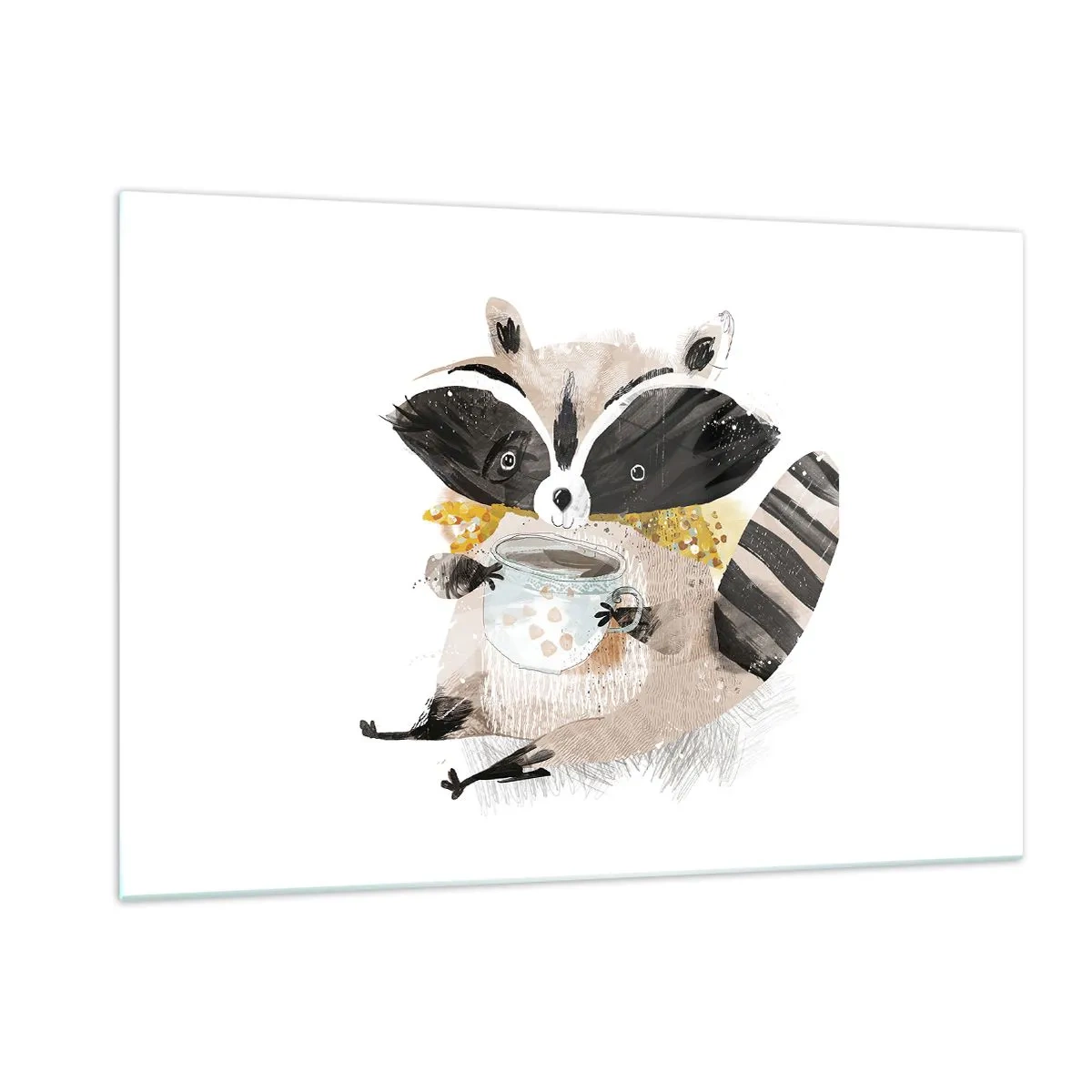 Impression sur verre - Image sur verre - Un raton laveur mignon tenant une tasse de boisson - 120x80cm - Mon ami le raton laveur - Décoration murale moderne pour le salon et la chambre ARTTOR