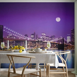 Papier Peint Photo Premium Sand - Lumières de grande ville en violet - Ville, New York, le pont de Brooklyn - 450x315 cm