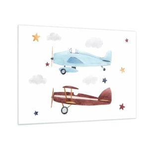 Impression sur verre - Image sur verre - Deux avions colorés parmi les étoiles et les nuages - 70x50cm - Monsieur le pilote, nous vous attendons ! - Décoration murale moderne pour le salon et la chambre ARTTOR