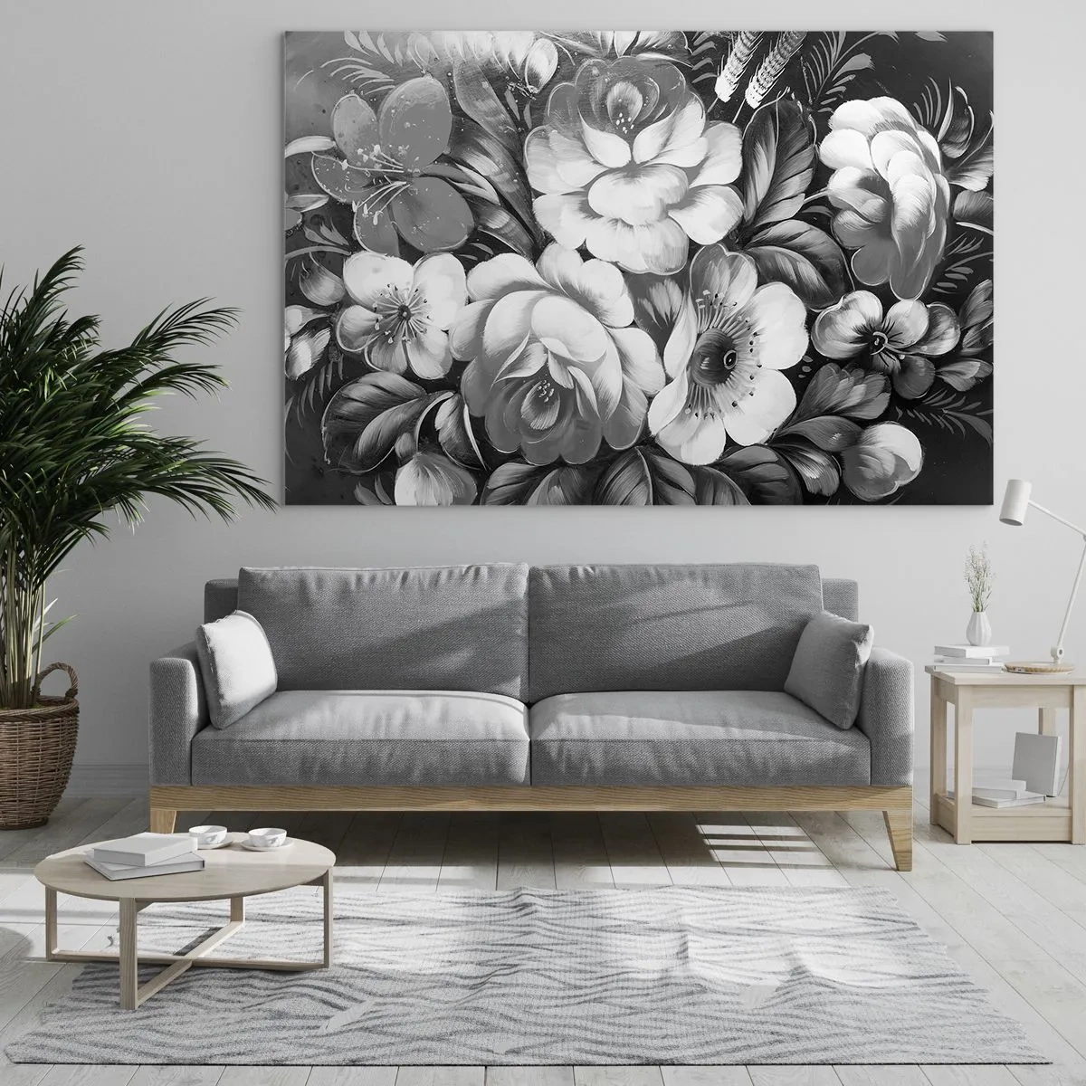 Impression sur verre - Image sur verre - Un élégant bouquet de fleurs dans des tons de gris - 120x80cm - Belle même en gris - Décoration murale moderne pour le salon et la chambre ARTTOR