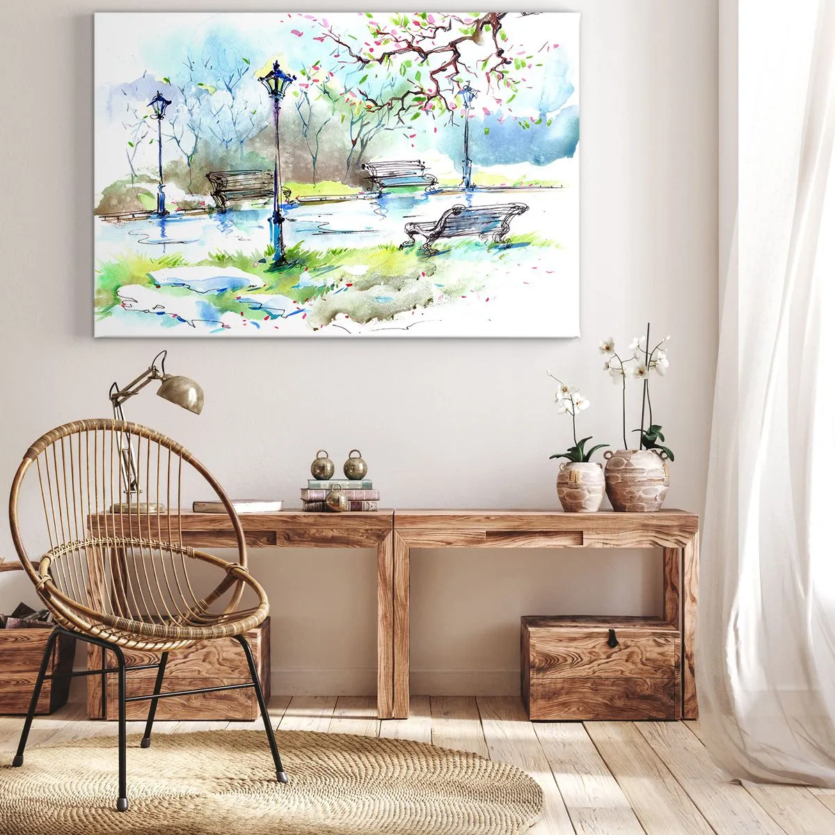 Impression sur toile - Image sur toile - Scène de parc à l'aquarelle avec bancs et lampes - 120x80cm - Le charme du silence d'un parc - Décoration murale moderne pour le salon et la chambre ARTTOR