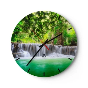 Horloge murale - Pendule murale - Une cascade dans une forêt tropicale avec de l'eau verte et une végétation luxuriante - 30x30cm - Une cascade de vert - Décoration murale moderne pour le salon, la cuisine et la chambre ARTTOR