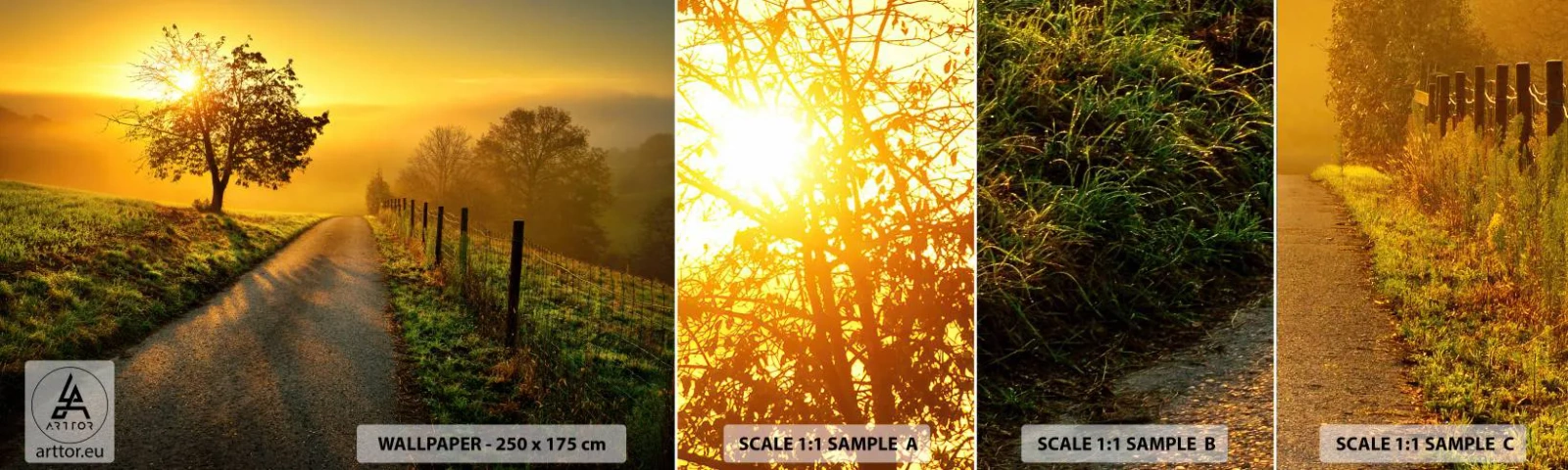 Échantillon de Papier Peint Autocollant Deluxe Sticker - Après-midi de miel - Paysage, Chemin de terre, Prairie - 100x30 cm