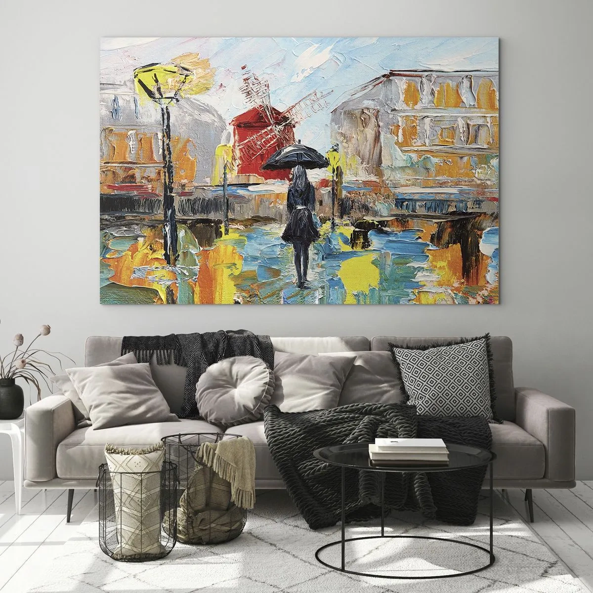 Impression sur verre - Image sur verre - Une femme avec un parapluie sur fond de ville dans le style de l'impressionnisme - 100x70cm - Légende parisienne - Décoration murale moderne pour le salon et la chambre ARTTOR